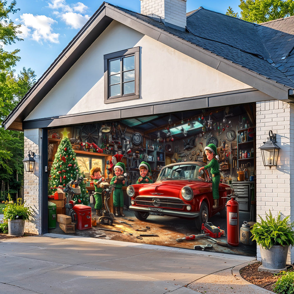 Lorva Garage Door Banner Decoration Christmas Elves Garage Workshop