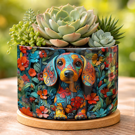 Lorva Dachshund Flat Print Ceramic Plant Pot Charming Floral Dachshund