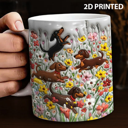 Lorva Flat Print Mug Puffy Happy Dachshunds In Flower Garden