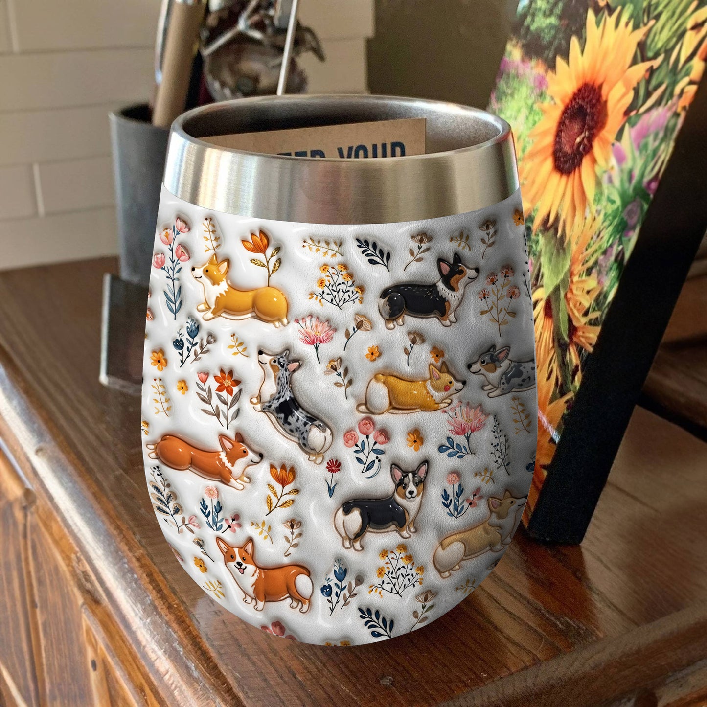 Lorva Corgi Wine Tumbler Happy Field Flowers