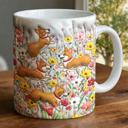 Lorva  Flat Print Mug Puffy Cute Corgi In Flower Garden