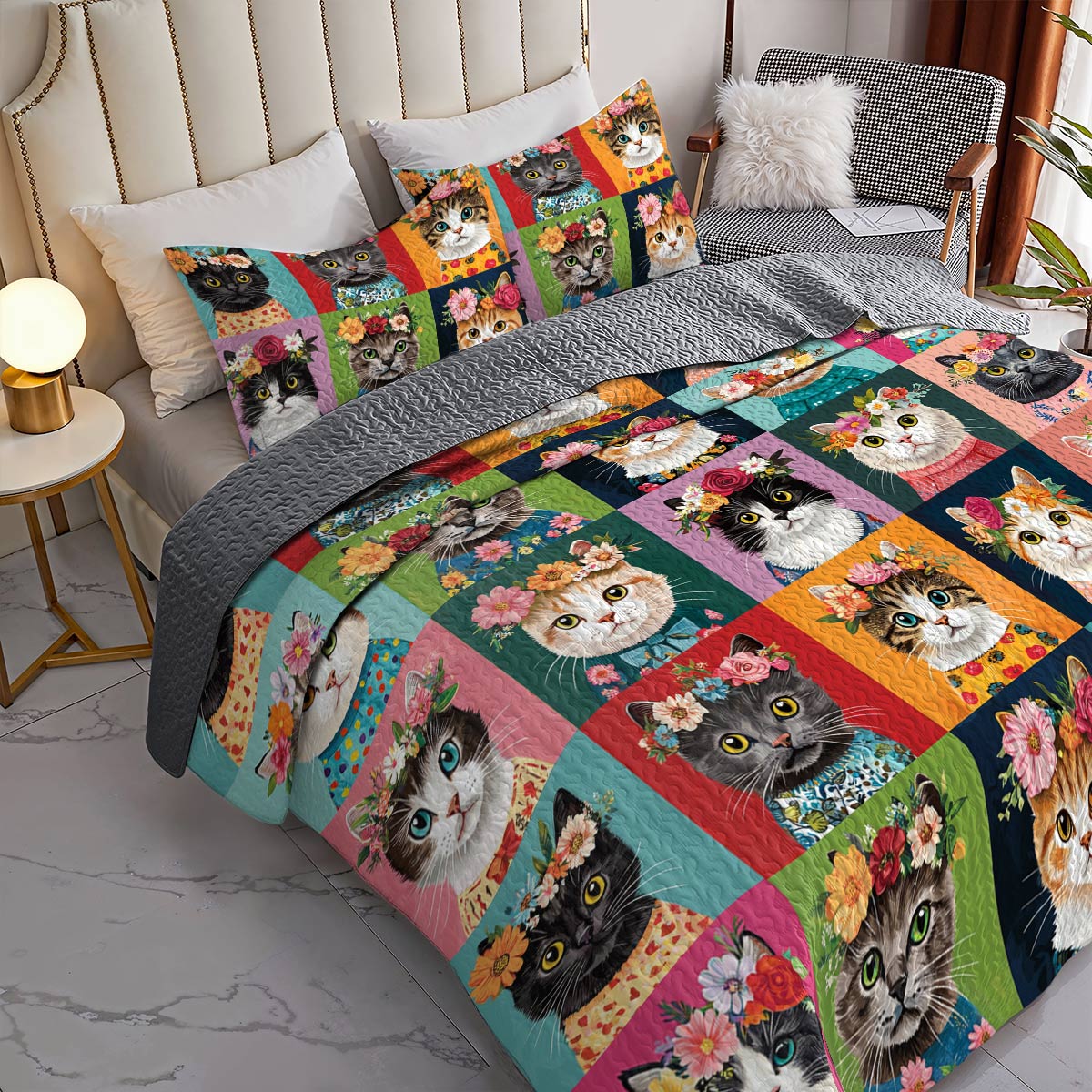 Lorva All Season Quilt 3-Piece Set Floral Crown Cats