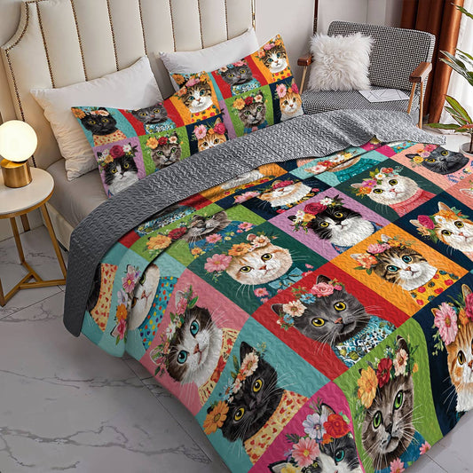 Lorva All Season Quilt 3-Piece Set Floral Crown Cats