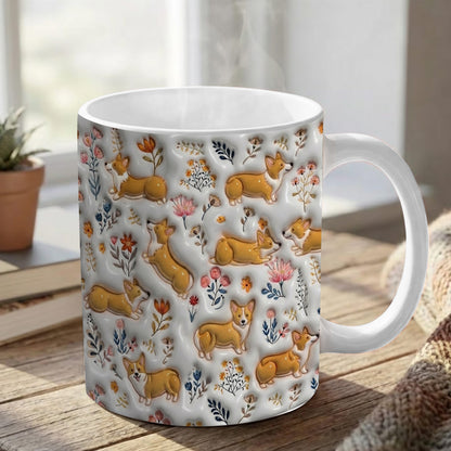 Lorva Corgi Flat Print Mug Cute Field Flowers