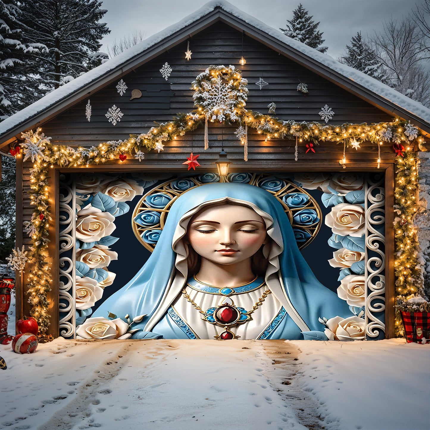 Lorva Christmas Garage Door Banner Decoration Blessed Virgin Mary