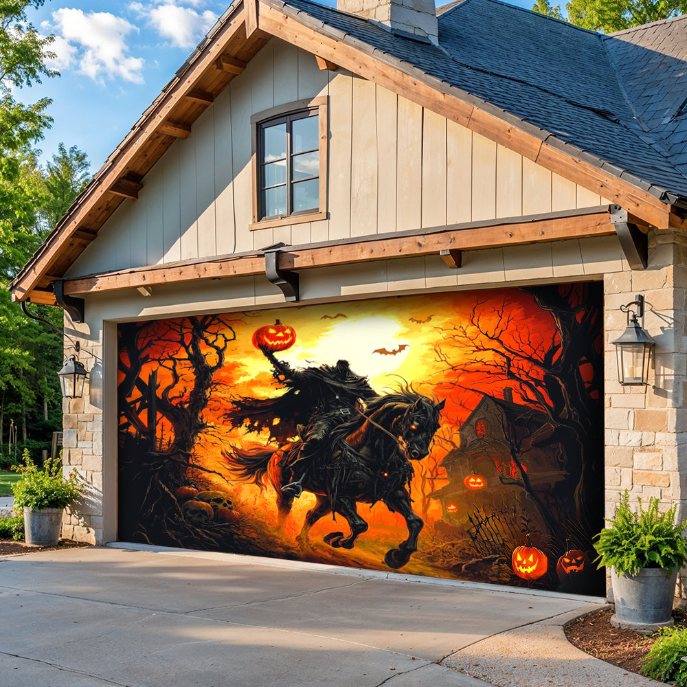 Lorva Halloween Garage Door Banner Decoration Headless Horseman’s Halloween Ride