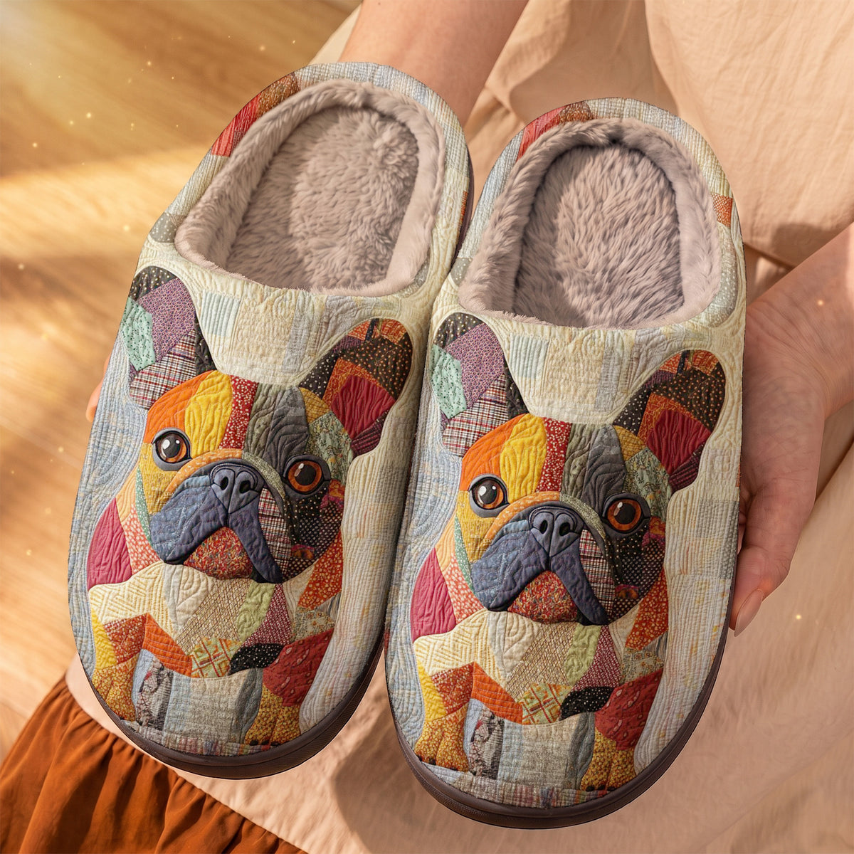 Lorva French Bulldog Fleece Lined Slippers Colorful Patchwork