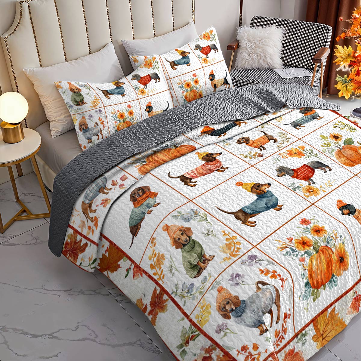 Dachshund Lorva All Season Quilt 3-Piece Set Beautiful Flowers Autumn