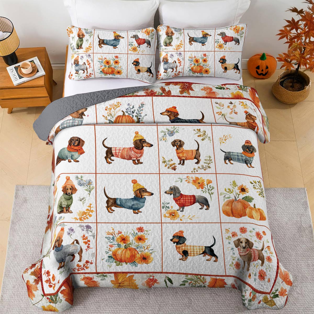 Dachshund Lorva All Season Quilt 3-Piece Set Beautiful Flowers Autumn