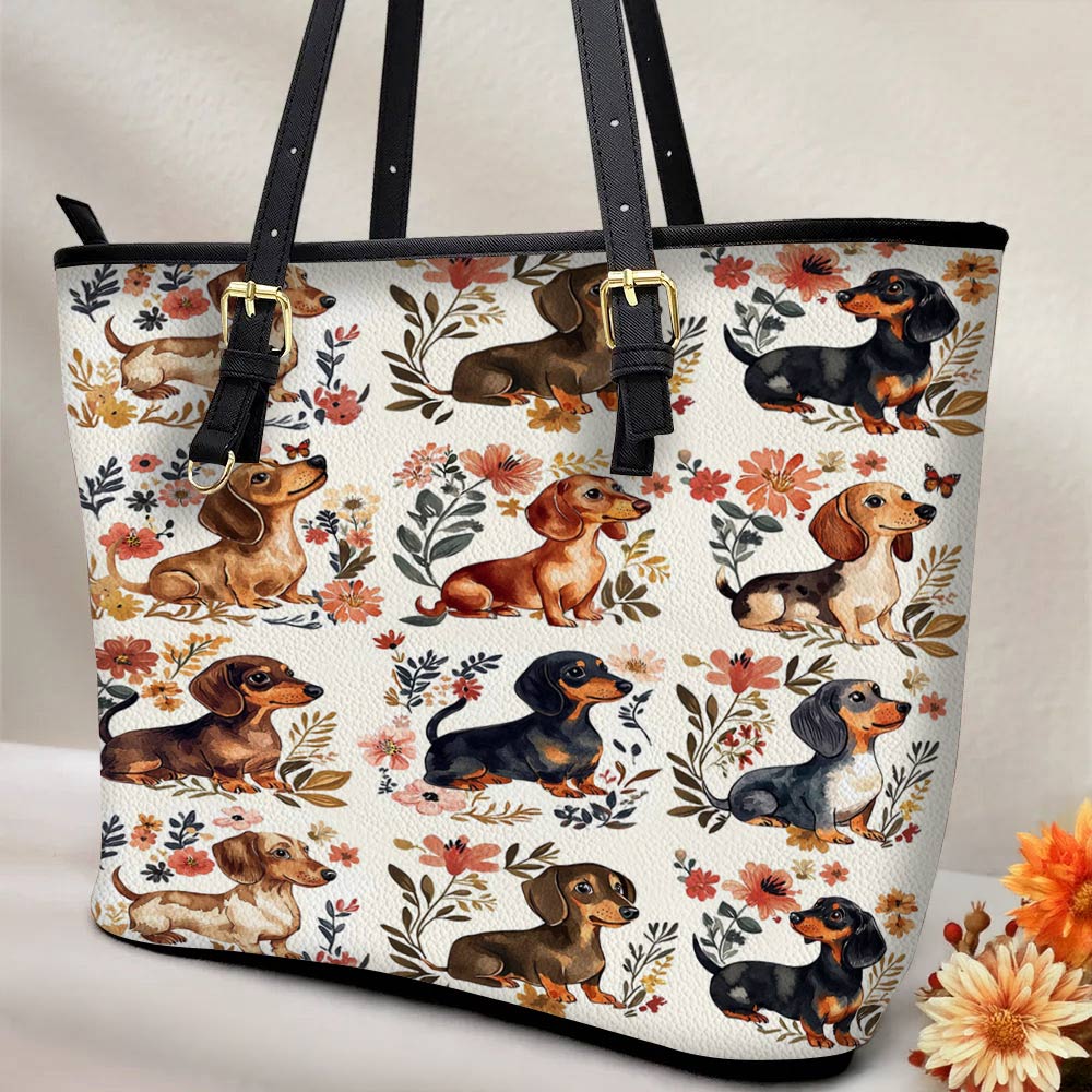 Lorva Dachshund Leather Tote Bag Garden Escape