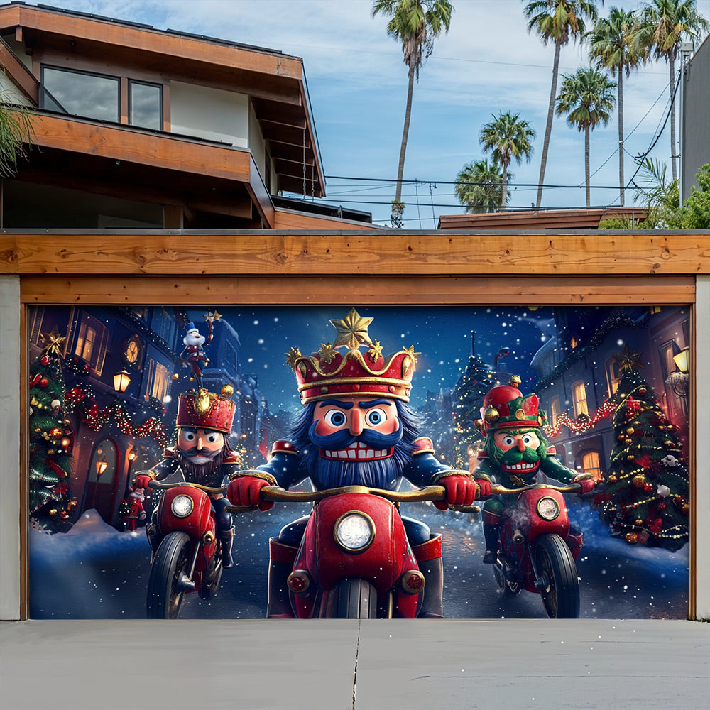 Lorva Christmas Garage Door Banner Decoration Funny Nutcracker Biker