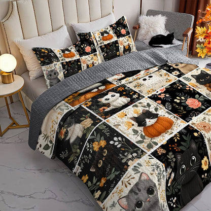 Lorva All Season Quilt 3-Piece Set Autumn Floral Cats