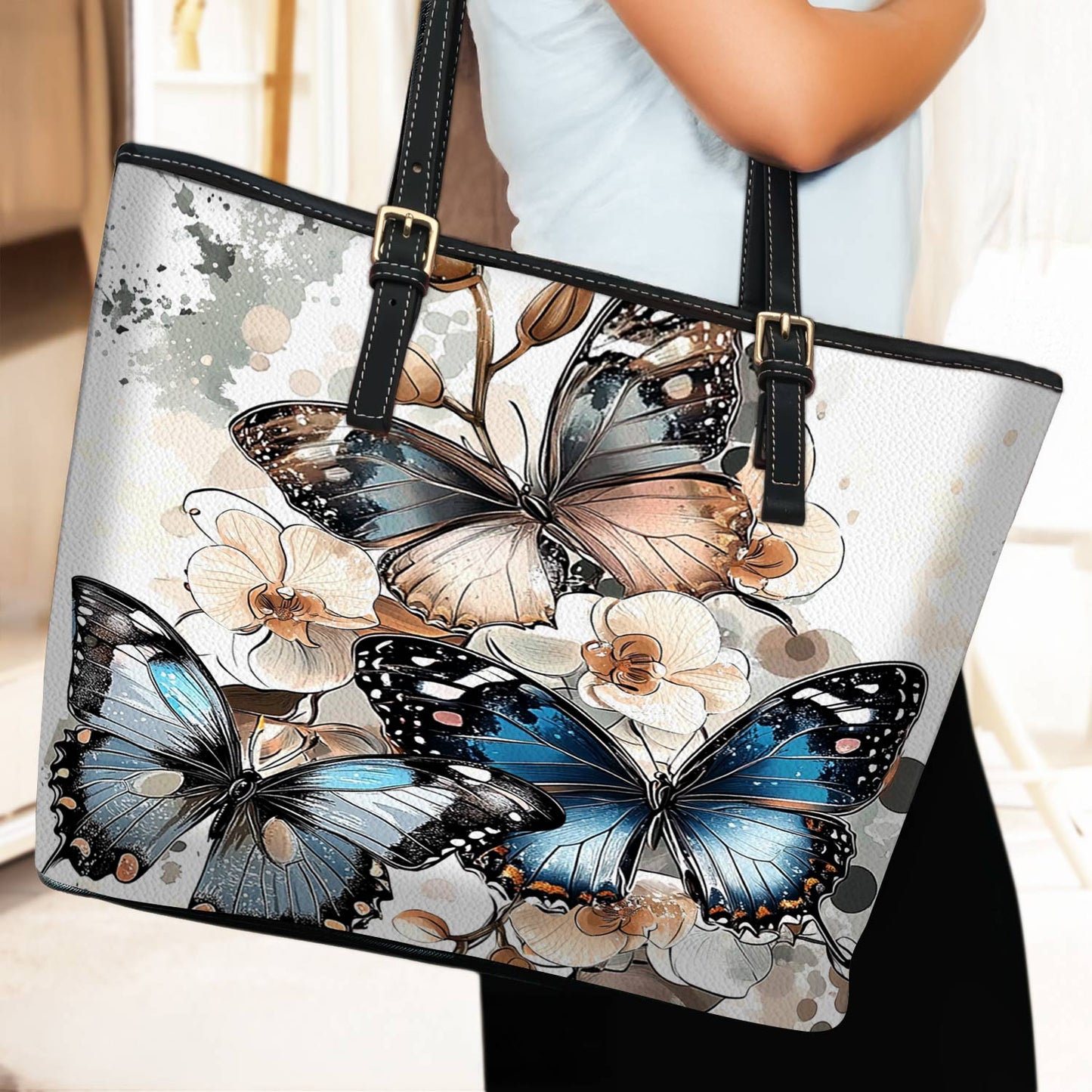 Lorva Leather Tote Bag Charming Orchid Butterflies