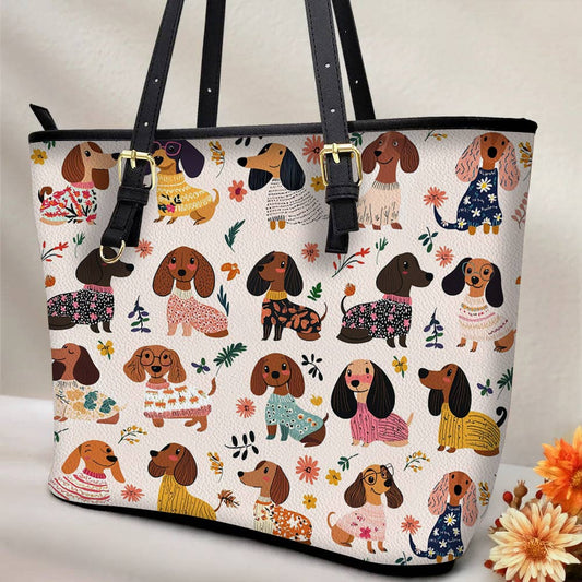 Lorva Dachshund Leather Tote Bag Wagging In Bloom