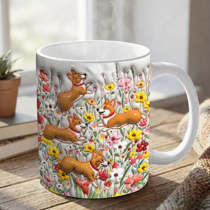 Lorva  Flat Print Mug Puffy Cute Corgi In Flower Garden
