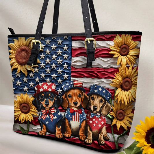 Lorva Dachshund Leather Tote Bag Doxies for America