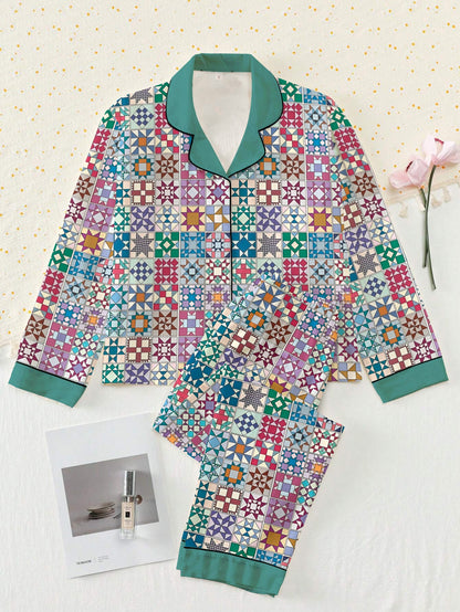 Lorva Quilting Lover Classic Pajama Set Traditional Quilt Blocks