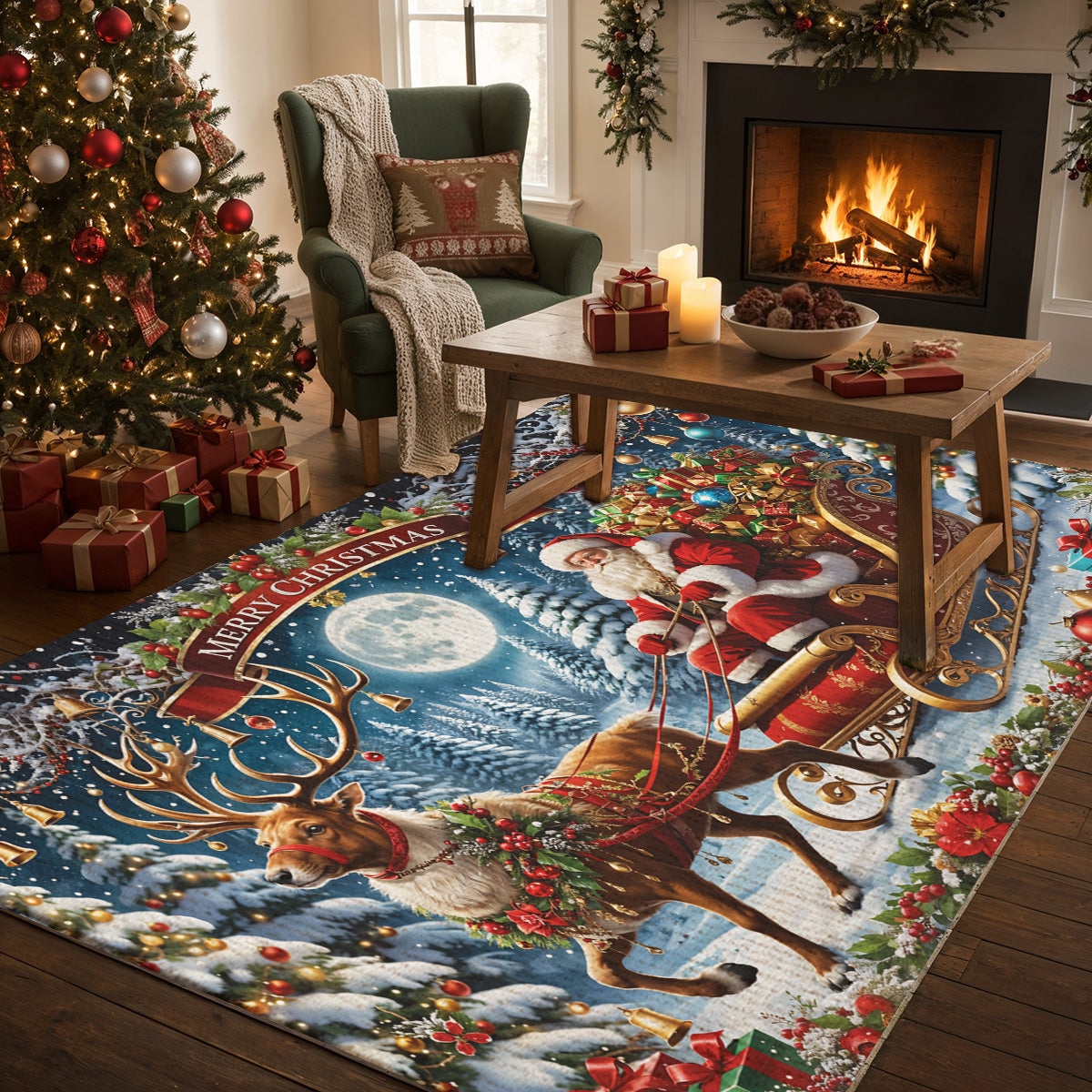 Lorva Cat Area Rug Santa’s Sleigh Ride Spreading Cheer on a Winter’s Eve