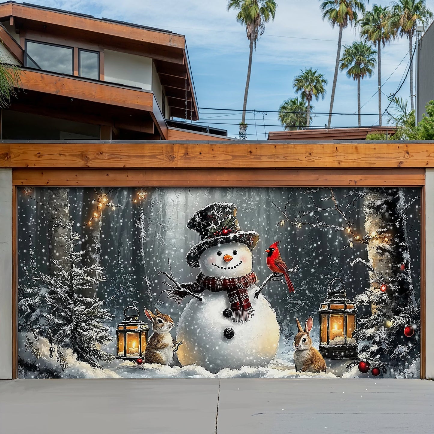 Lorva Garage Door Banner Decoration Winter Forest Snowman Gathering with Bunnies and Cardinals
