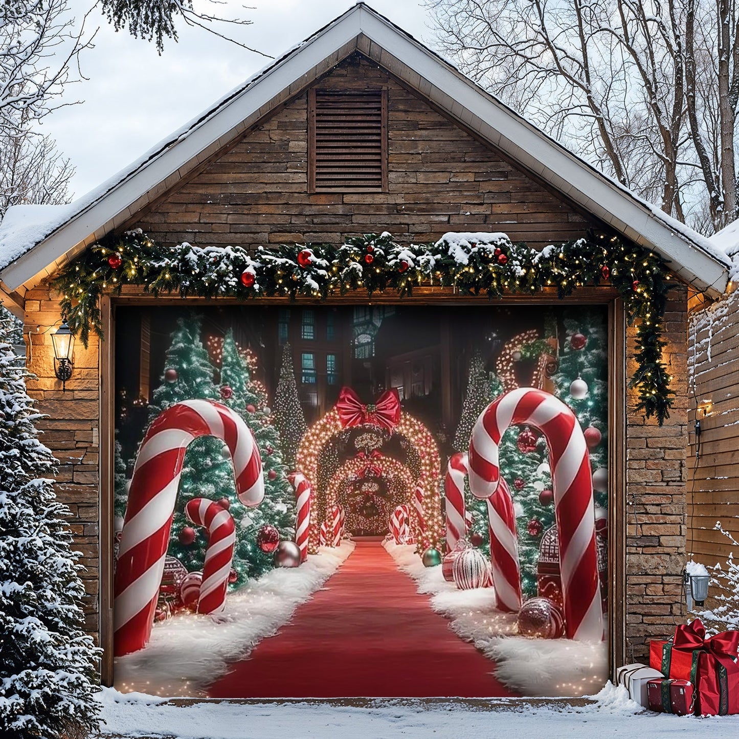 Lorva Christmas Garage Door Banner Decoration Christmas Themed Backdrop With Giant Canes