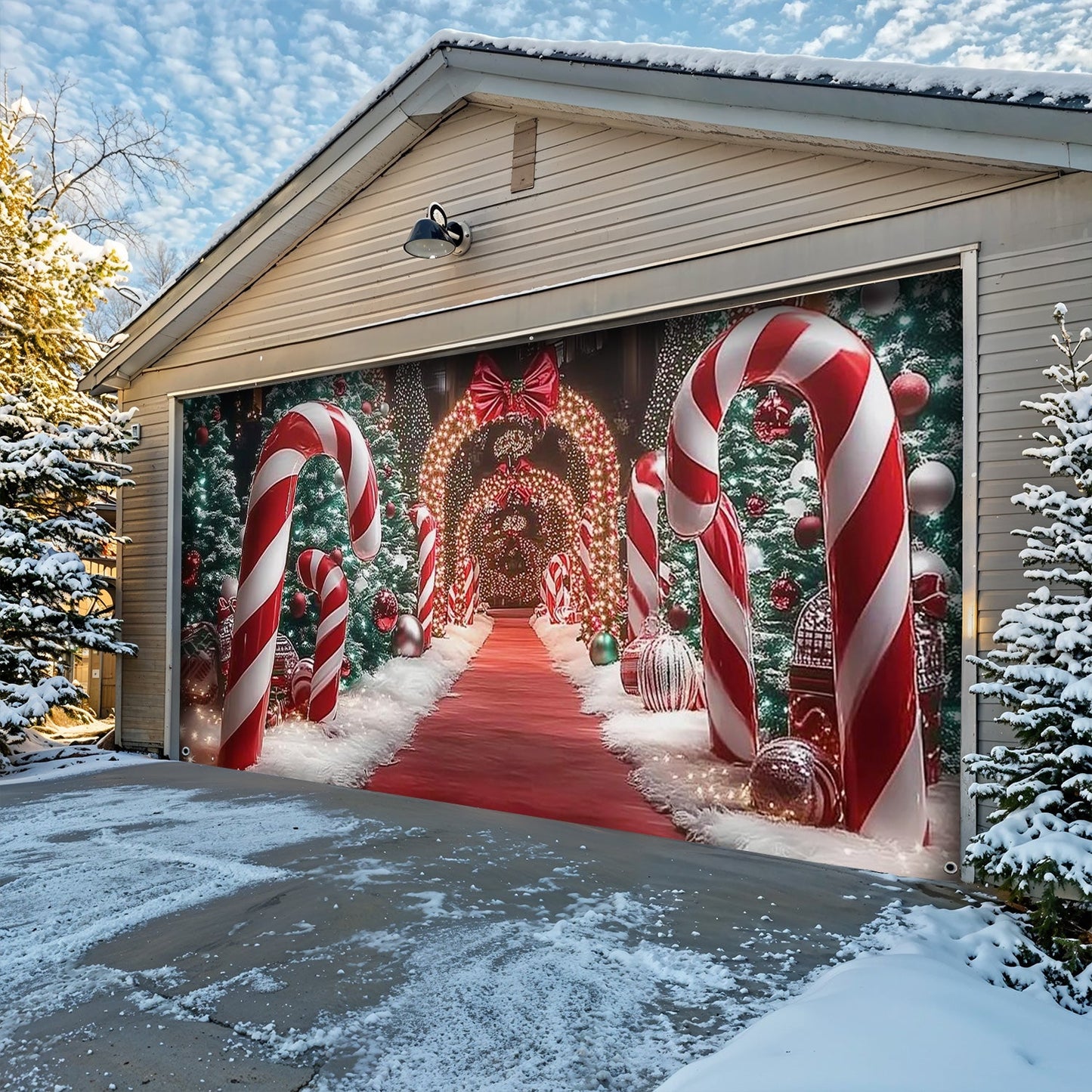 Lorva Christmas Garage Door Banner Decoration Christmas Themed Backdrop With Giant Canes