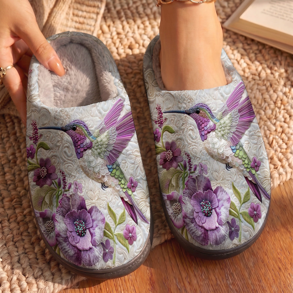 Lorva Hummingbird Fleece Lined Slippers Charming Floral Hummingbird