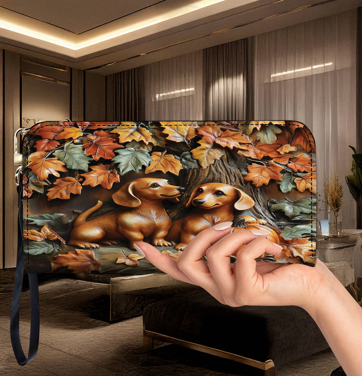 Lorva Dachshund Leather Bag Autumn Tails
