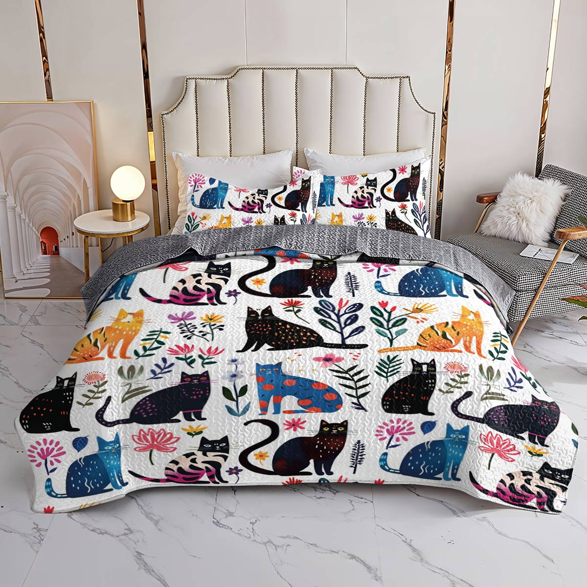 Lorva All Season Quilt 3-Piece Set Charming Whimsical Cat Garden