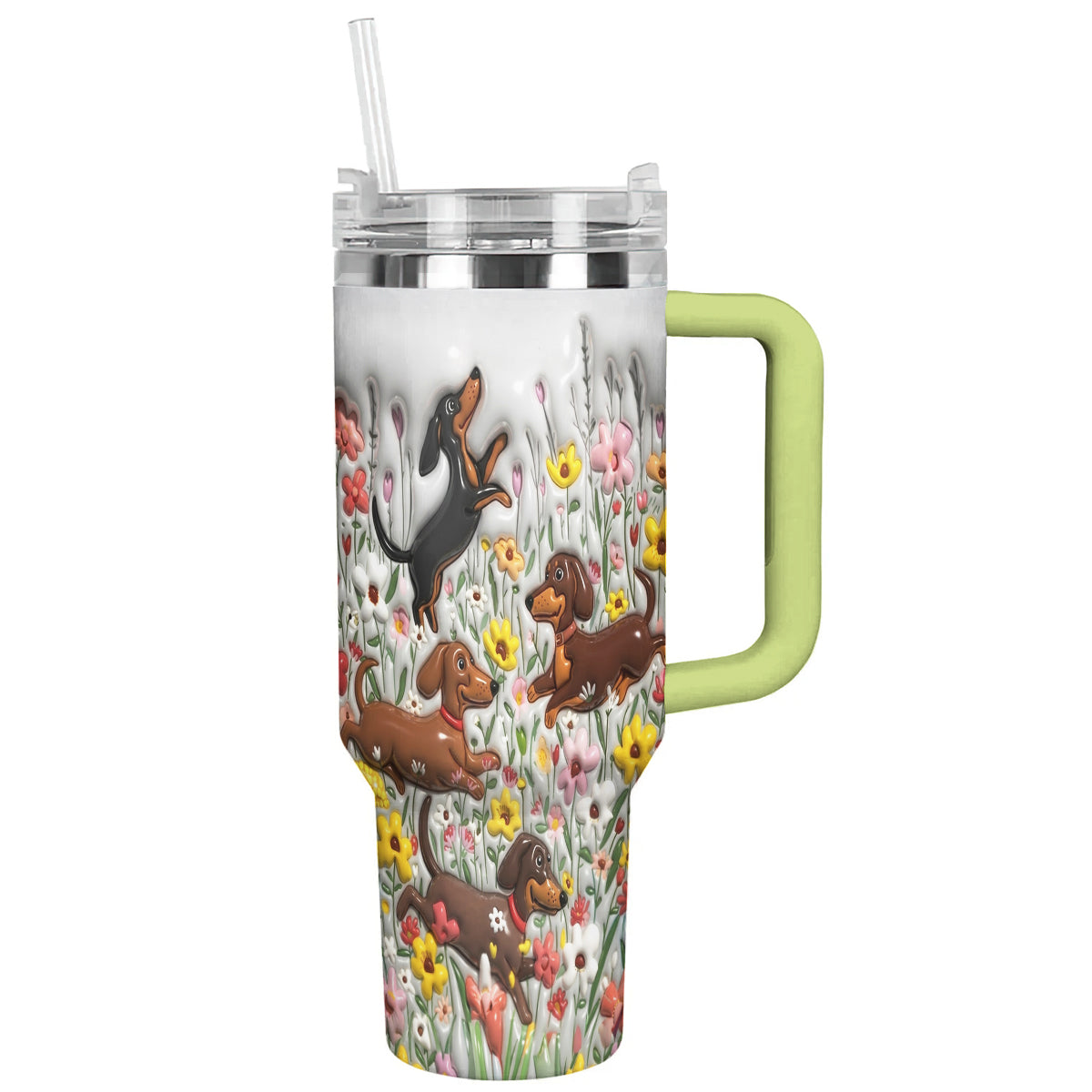 Lorva Tumbler Puffy Happy Dachshunds In Flower Garden