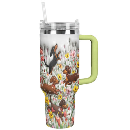 Lorva Tumbler Puffy Happy Dachshunds In Flower Garden