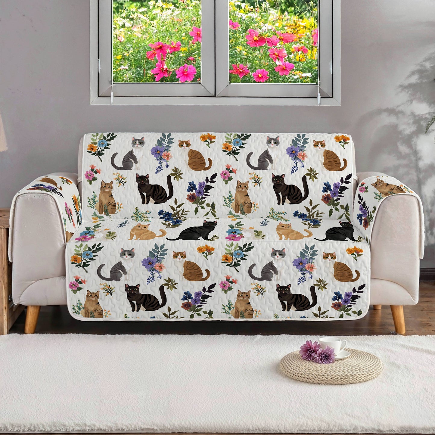 Lorva Sofa Cover Set Cute Floral Cats