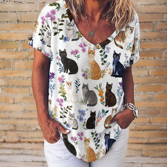Cat V Neck Short-sleeve Women Shirt Charming Floral Cats