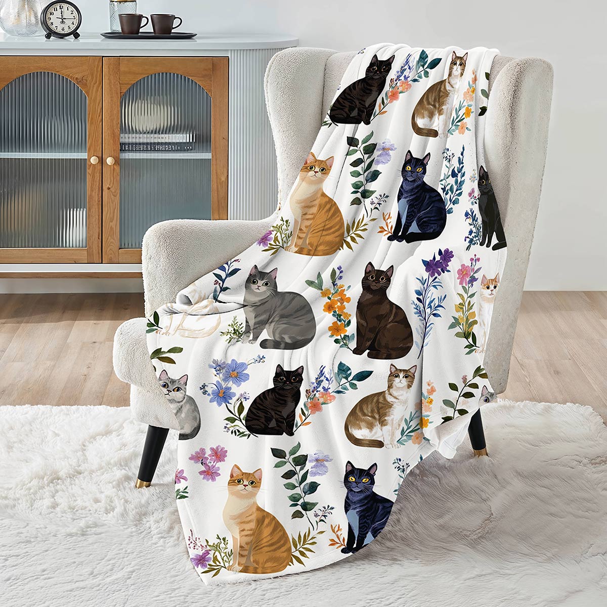 Lorva Fleece Blanket Charming Floral Cats