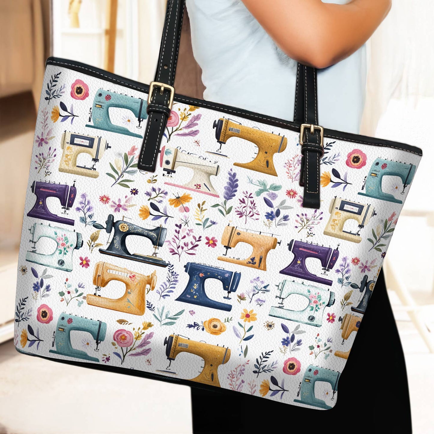 Lorva Leather Tote Bag Floral Sewing Machines