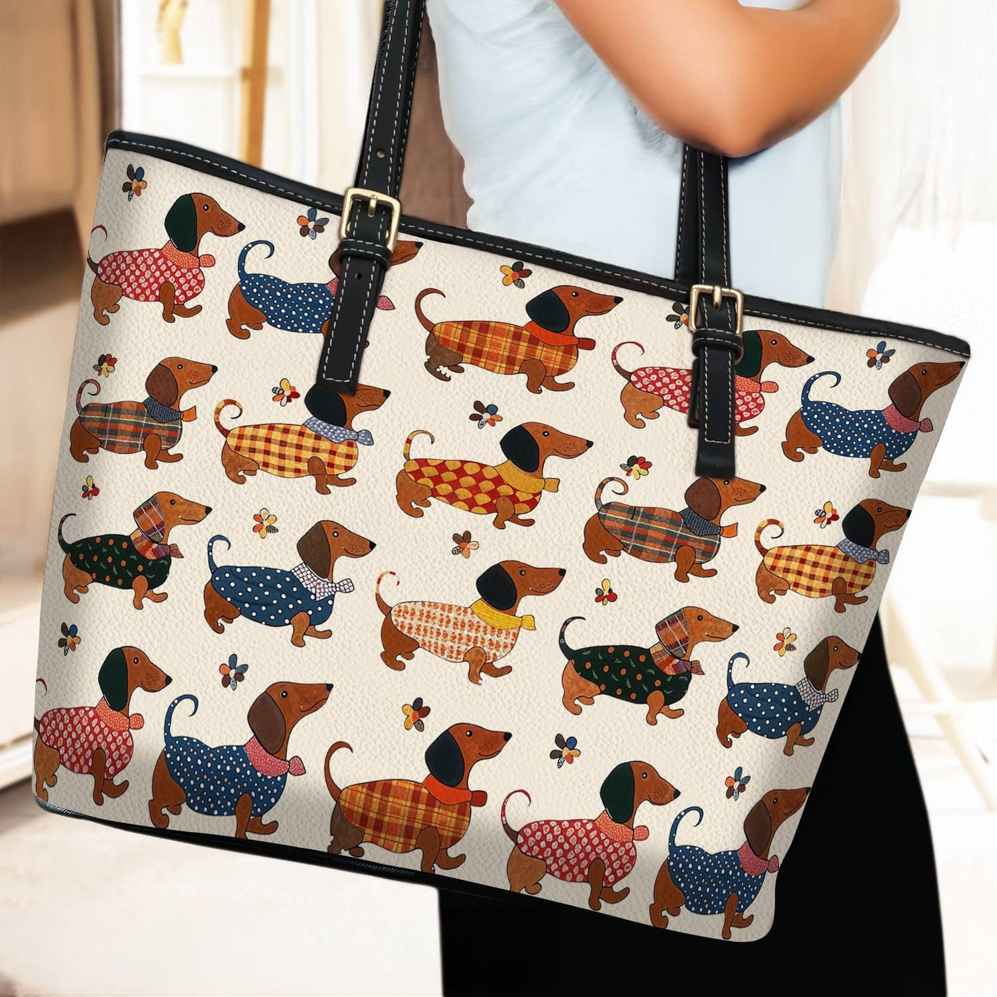 Lorva Dachshund Leather Tote Bag Joyful