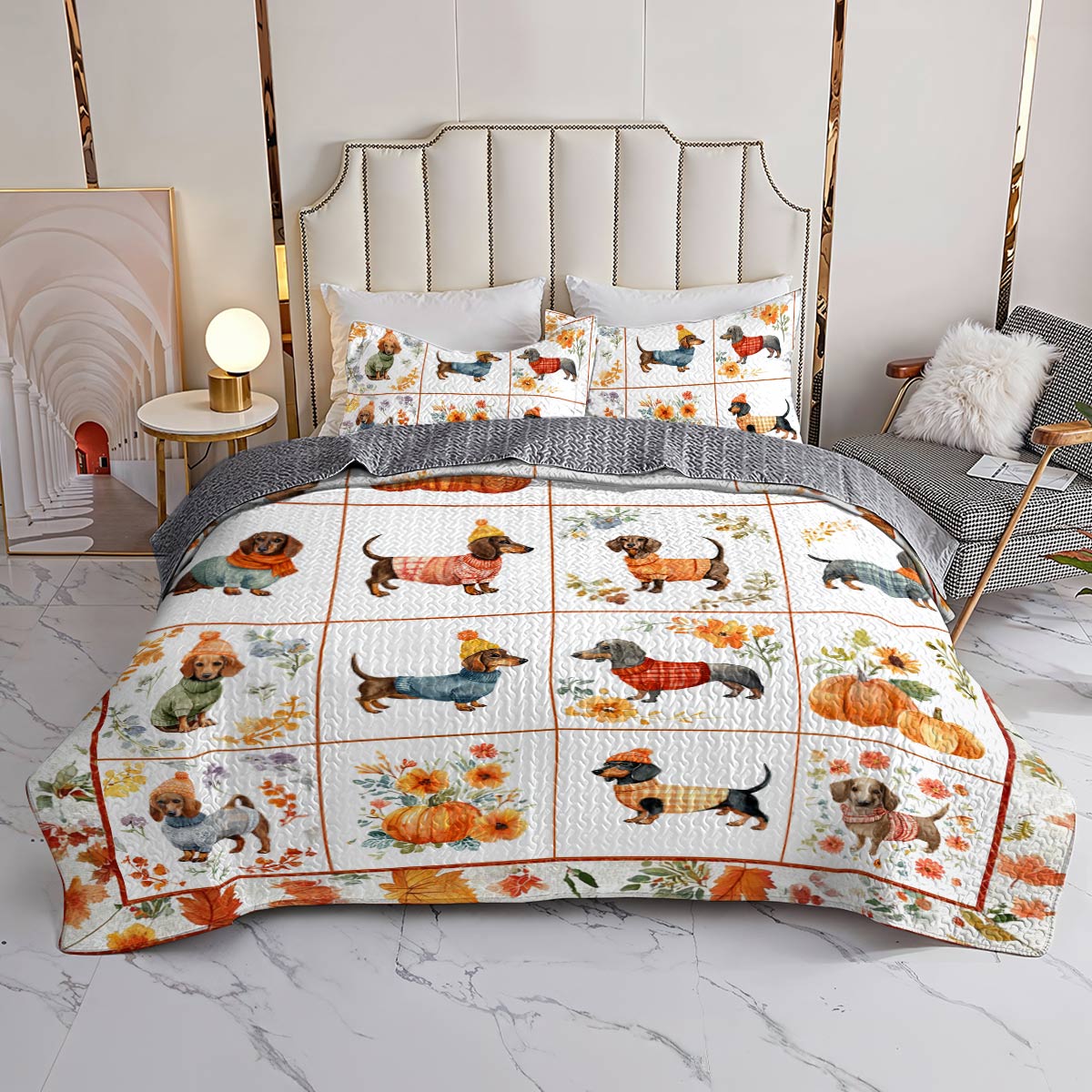 Dachshund Lorva All Season Quilt 3-Piece Set Beautiful Flowers Autumn
