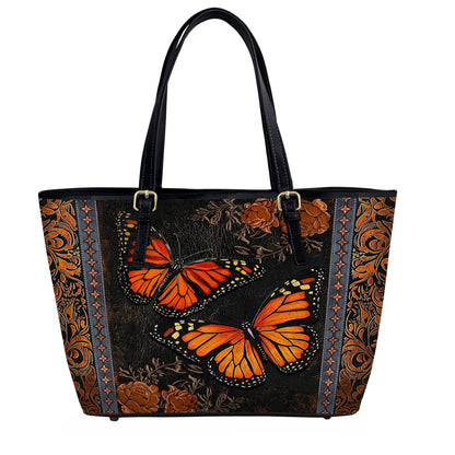 Lorva Monarch Butterfly Leather Tote Bag Vintage Ember Wings