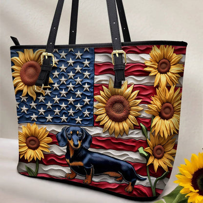 Lorva Dachshund Leather Tote Bag American Bloom