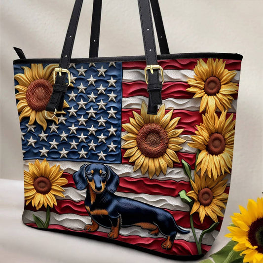 Lorva Dachshund Leather Tote Bag American Bloom