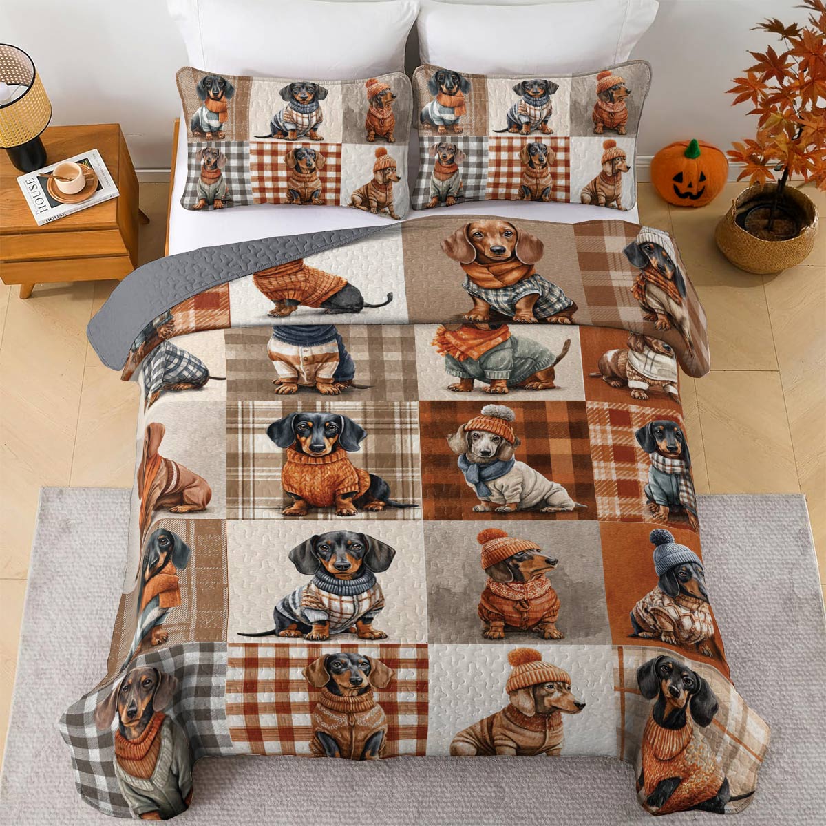 Dachshund Lorva All Season Quilt 3-Piece Set Plaid & Paws