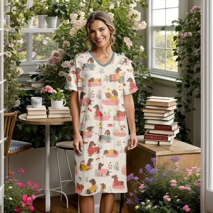 Lorva Dachshund V-neck Nightshirt Sweet Day