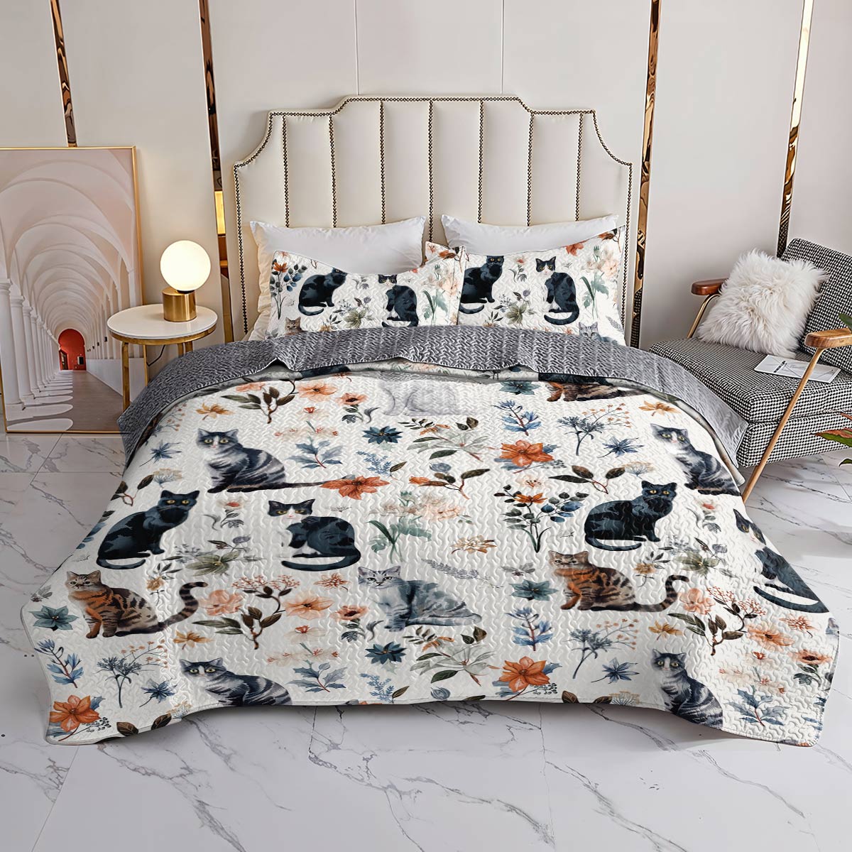 Lorva All Season Quilt 3-Piece Set Beautiful Floral Cats