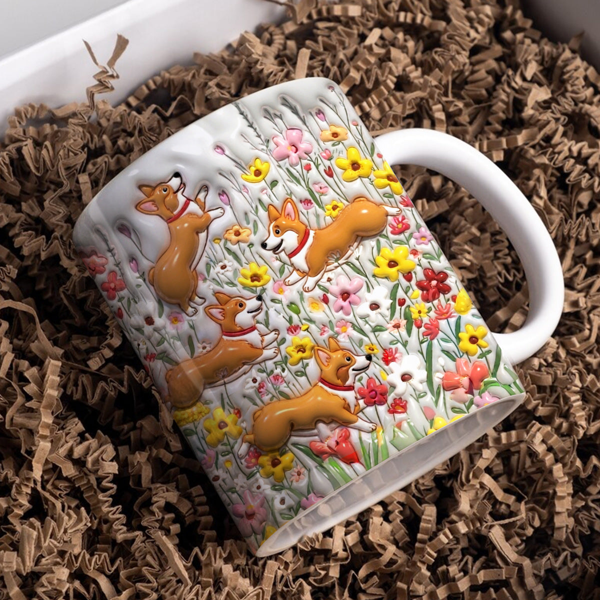 Lorva  Flat Print Mug Puffy Cute Corgi In Flower Garden