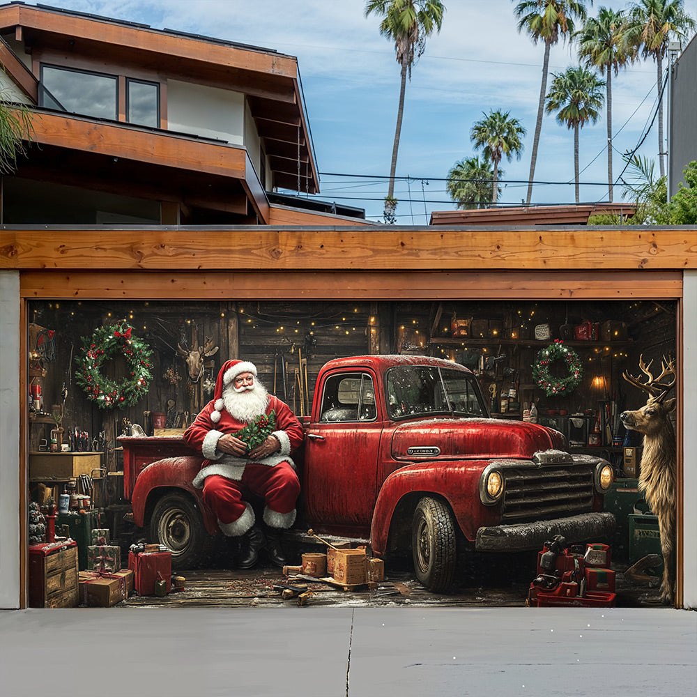 Lorva Christmas Garage Door Banner Decoration Rustic Santa Workshop & Red Truck Holiday
