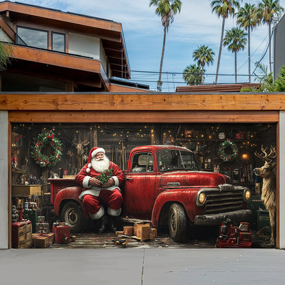 Lorva Christmas Garage Door Banner Decoration Rustic Santa Workshop & Red Truck Holiday