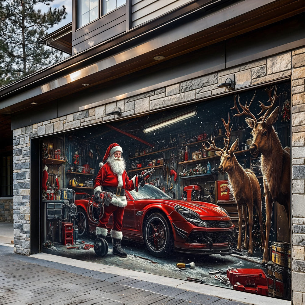 Lorva Christmas Garage Door Banner Decoration Santa's Reindeer Garage
