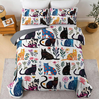 Lorva All Season Quilt 3-Piece Set Charming Whimsical Cat Garden