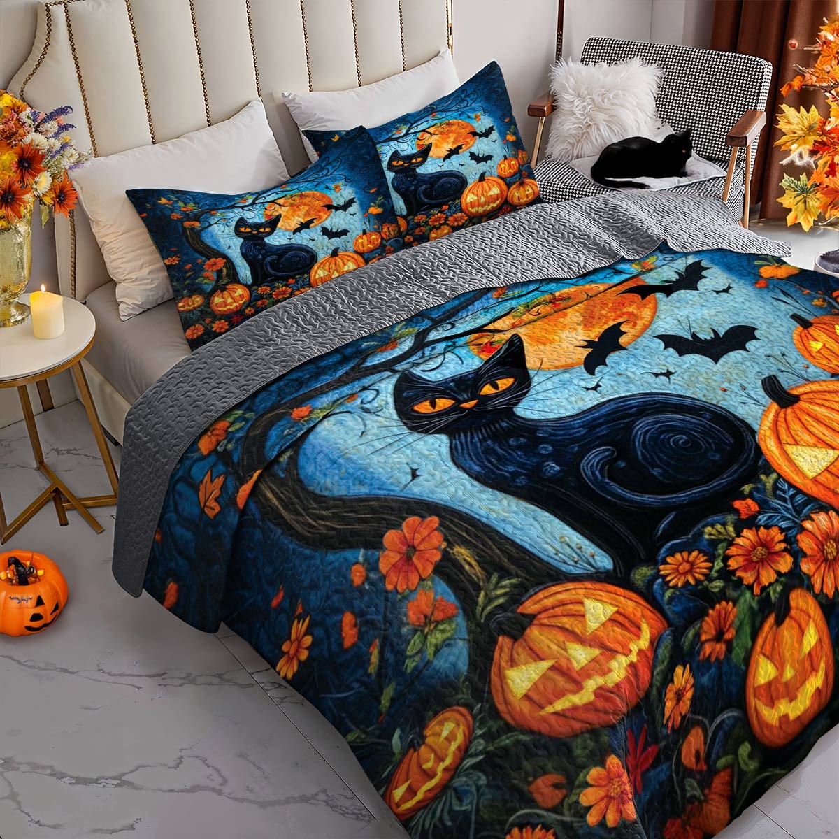Halloween Lorva All Season Quilt 3-Piece Set Moonlit Meow