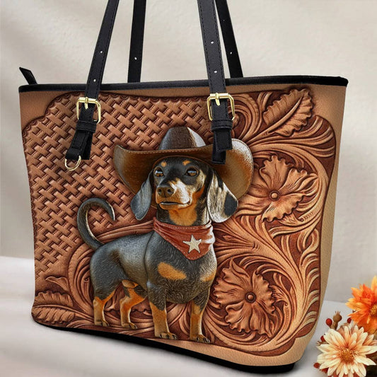 Lorva Dachshund Leather Tote Bag Cowboy Doxie