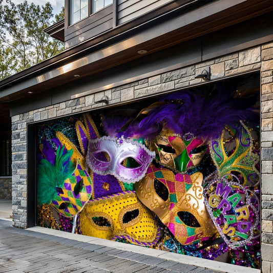 Lorva Mardi Gras Garage Door Banner Decoration Colorful Mask